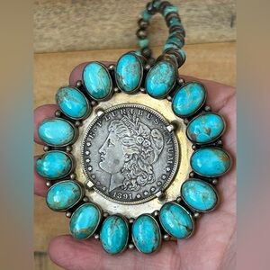 Kingman Turquoise Vintage Sterling Silver And Morgan Silver Dollar Necklace
